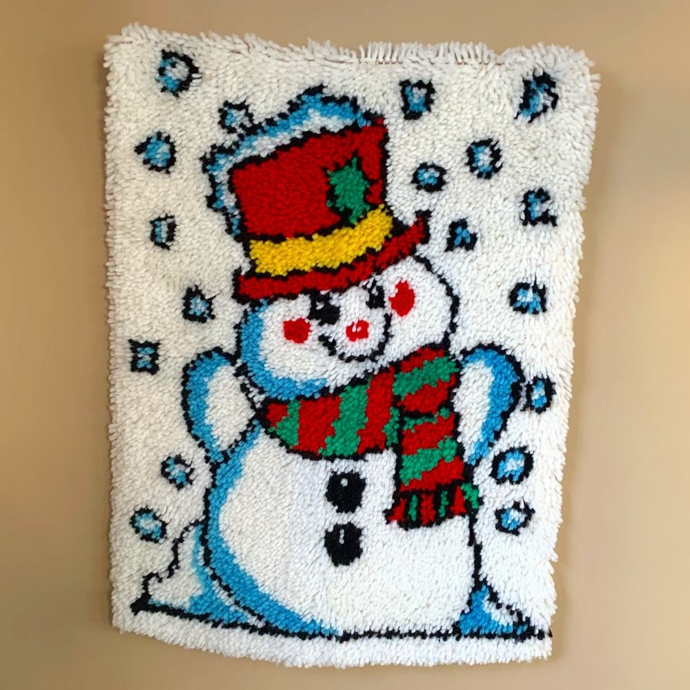 VTG Snowman Latch Hooked Rug Wall Hanging Christmas Hand Crafted 70s Boho